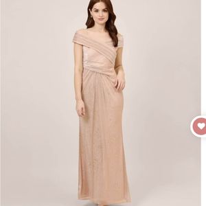 Adrianna Papell - METALLIC ROSE MOTIF OFF-THE-SHOULDER LONG GOWN IN ROSE GOLD